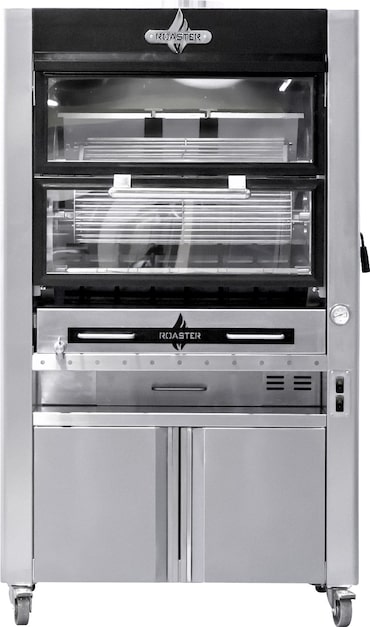 Rôtissoire au charbon de bois  18-24 poulets à 6 broches sur support avec roulettes dimensions 1530x920x1930  inox et noir