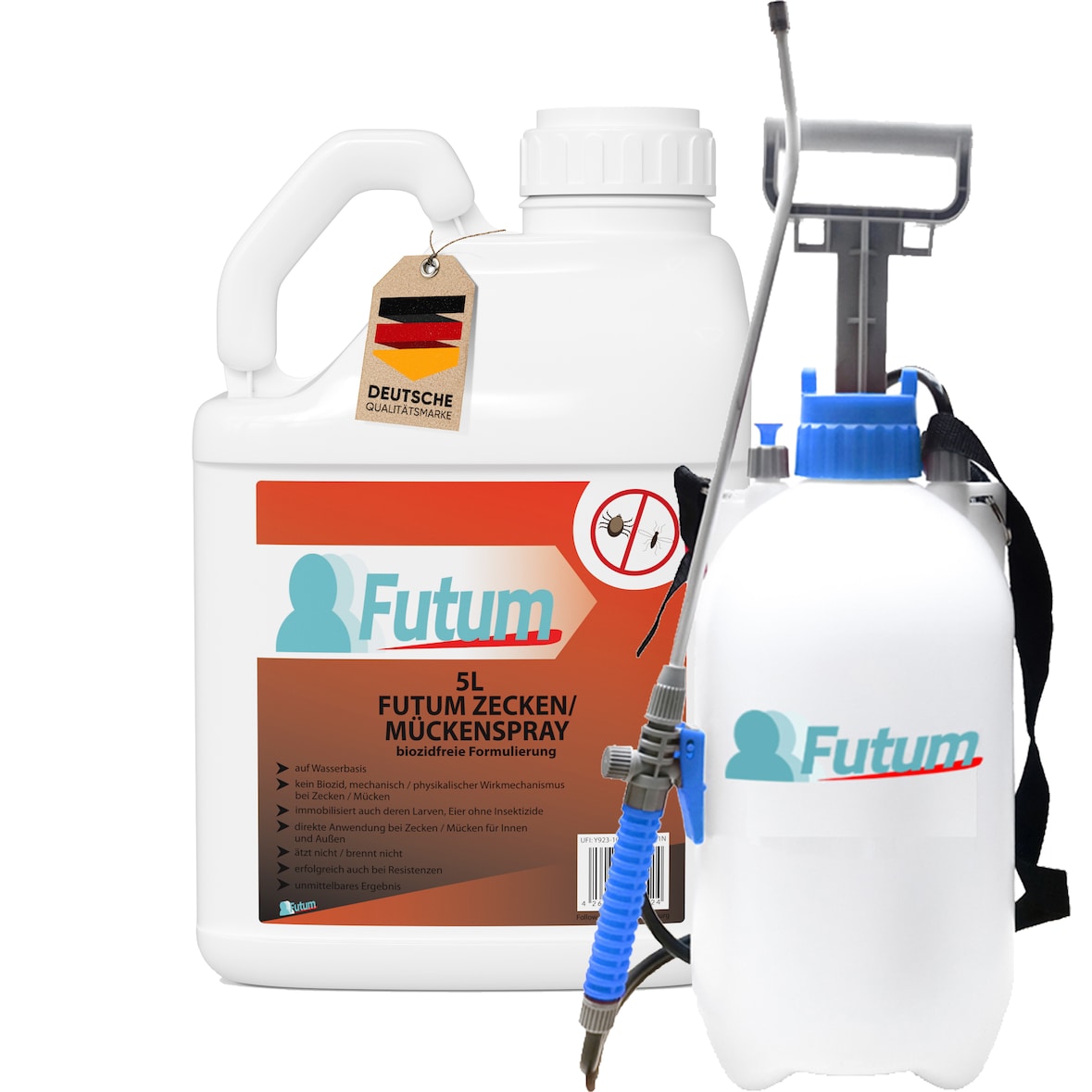 FUTUM 5L Zeckenspray / Mückenspray bekämpft Insekten, Eier, Larven ohne Biozide auf Wasserbasis,  Sofortwirkung ohne Flecken  + 2L Sprüher