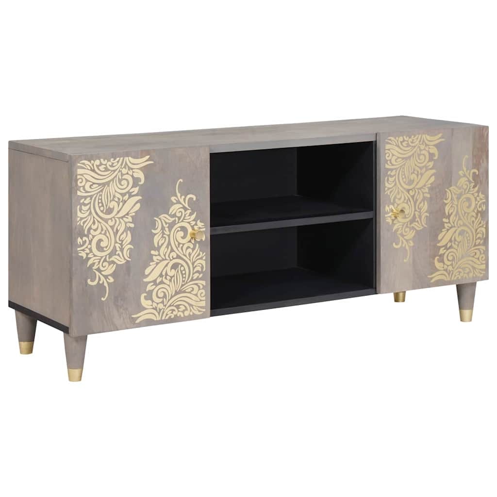 Helloshop26 - Mobile TV dal design moderno con spazio interno 105 x 33 x 46 cm legno massello di mango grigio 02_0057880