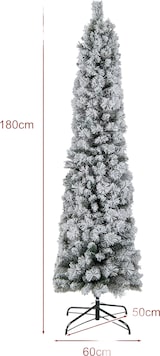 Eine schlanke, schneebedeckte künstliche Tanne mit Ständer.