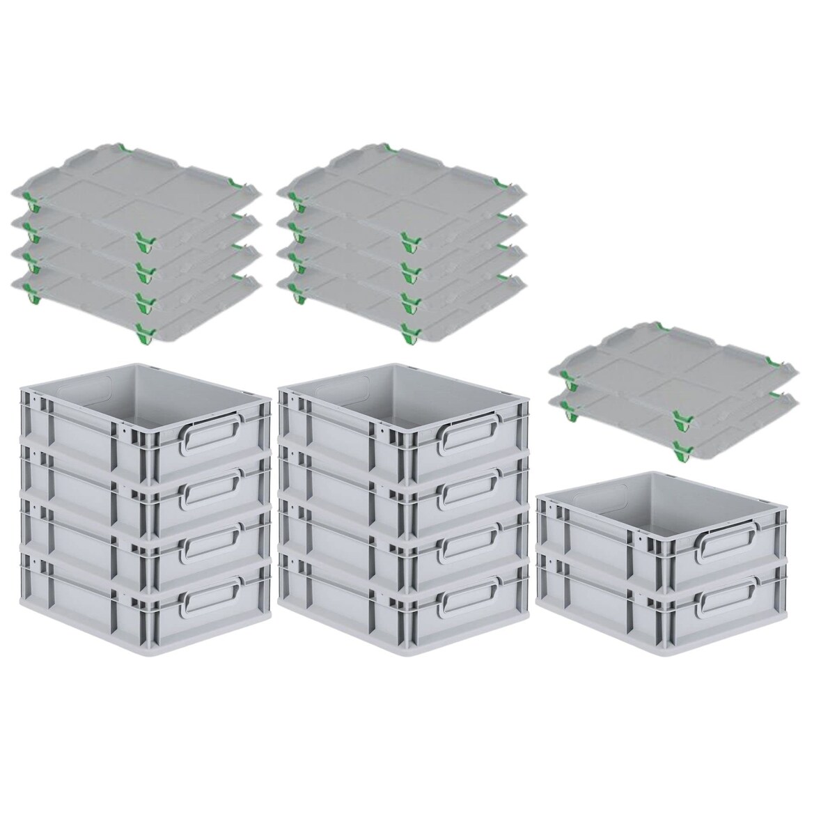 PROREGAL SparSet 10x Eurobox NextGen Economy mit Auflagedeckel & 4x Verschlüsse Grün, Griffe zu, HxBxT 12x30x40cm, 11L, Eurobehälter, Box