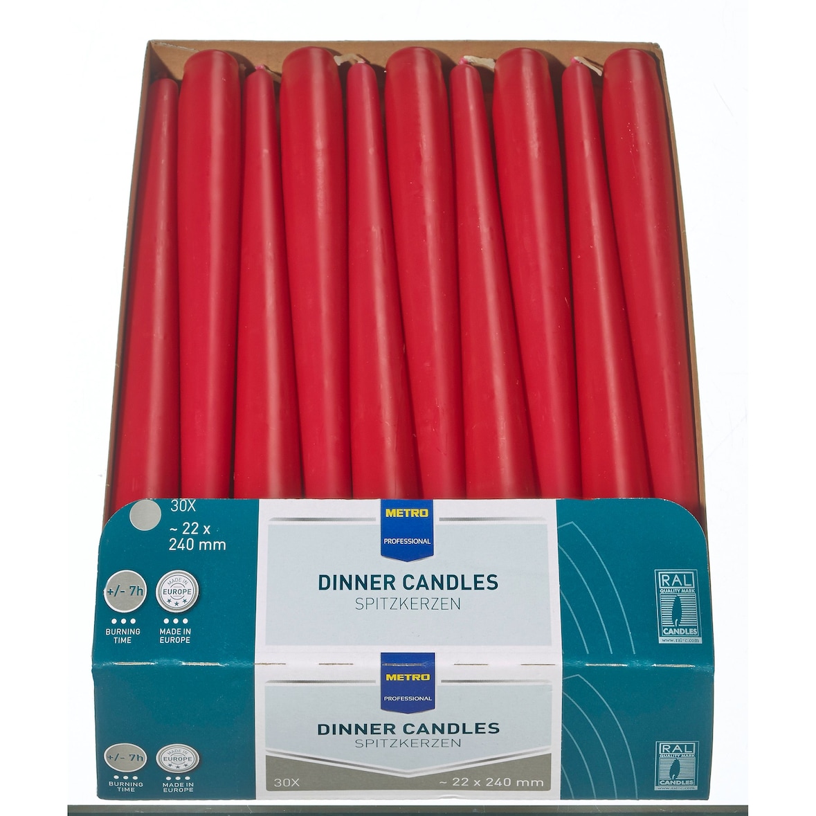 METRO PROFESSIONAL Tafelkerzen, Paraffin, 2.2 x 24 cm, Brenndauer 7 Stunden, bordeaux, 30 Stück