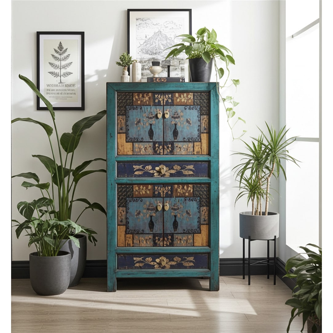 OPIUM OUTLET mobile cassettiera credenza armadio matrimonio 33723-3 "Oceanflowers" blu vintage asiatico cinese orientale