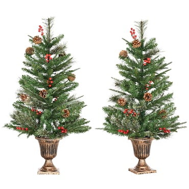 HOMCOM Conjunto de 2 Árvores de Natal Artificial 90cm com Vaso Ignífugo com 110 Ramos 70 Bagas 8 Pinhas e Folhas de PVC Verde