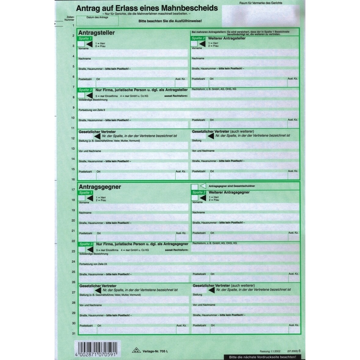 Vordruck Mahnbescheid EDV neutral VE=10 Stück