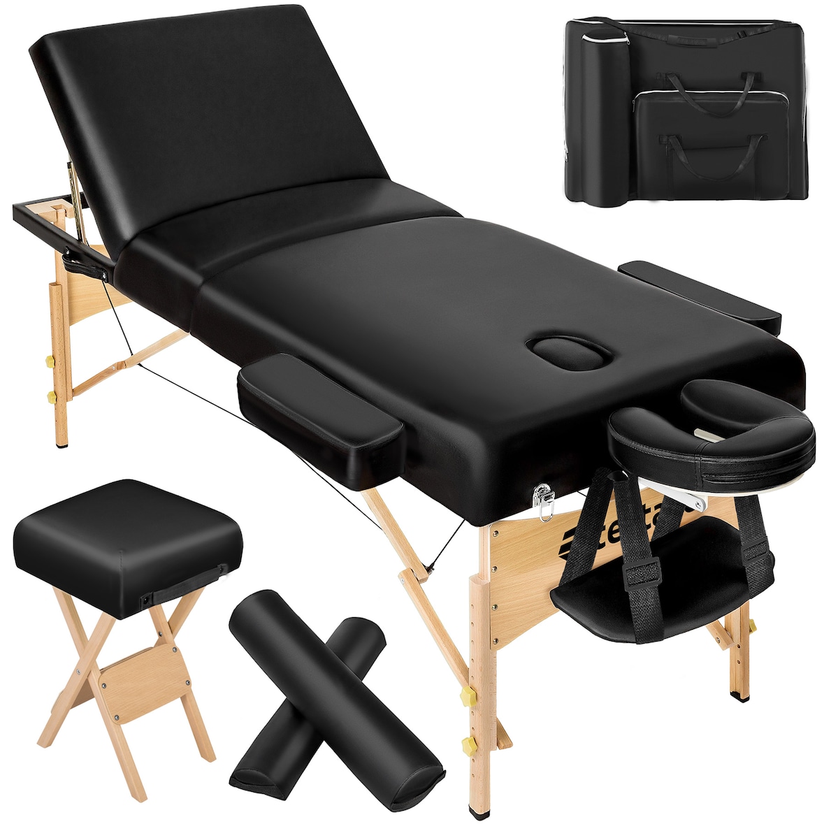 tectake Set lettino da massaggio a 3 zone con 10 cm di imbottitura, cuscini posturali e supporto in legno - nero - 400278