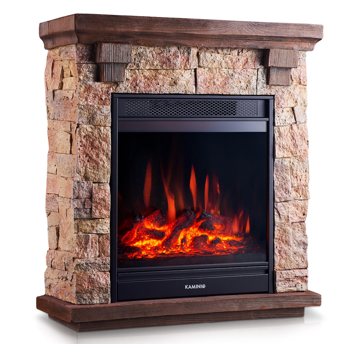 Chimenea eléctrica KAMINIO JUAN: chimenea eléctrica de pie con acabado de piedra, calefacción, efecto de llamas en 3D y mando a distancia - Beige
