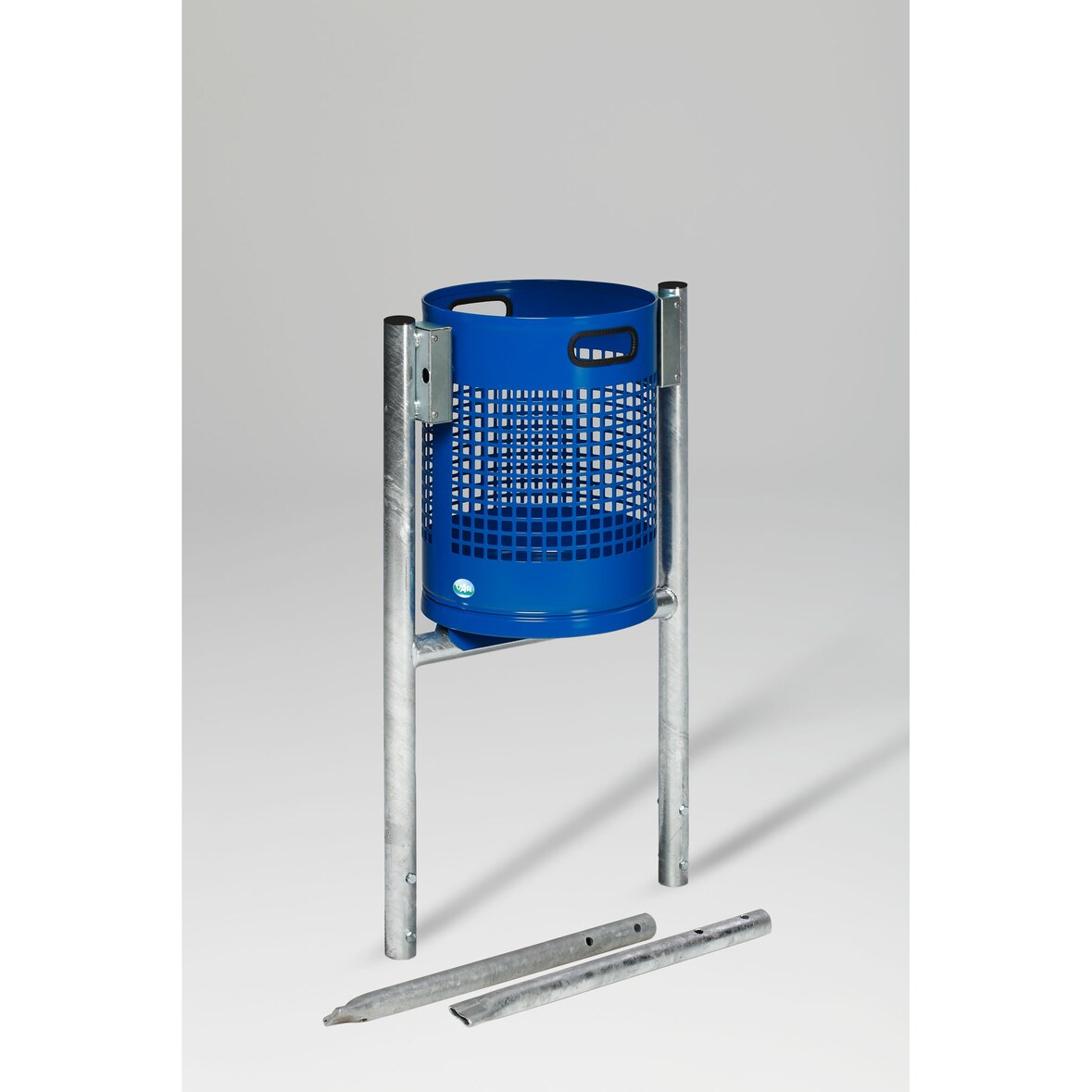 PROREGAL Klassischer gelochter Abfallsammler | Seitenrohre | zum Einbetonieren | HxBxT 120x35x35cm | Stahl | Blau | Mülleimer Abfalleimer