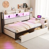 thumbnail of Einzelbett 90x200 mit Schreibtisch und Stauraum, beweglicher Tisch, integrierte Steckdosen, Metall & Holz, ideal für Homeoffice oder Gästezimmer–Weiß