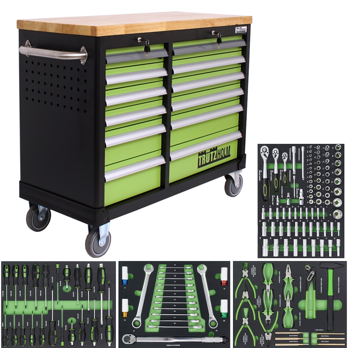 Werkstattwagen DELUXE 12 Schubladen, 123 cm Breite, massiver Arbeitsplatte 4 gefüllte Einlagen