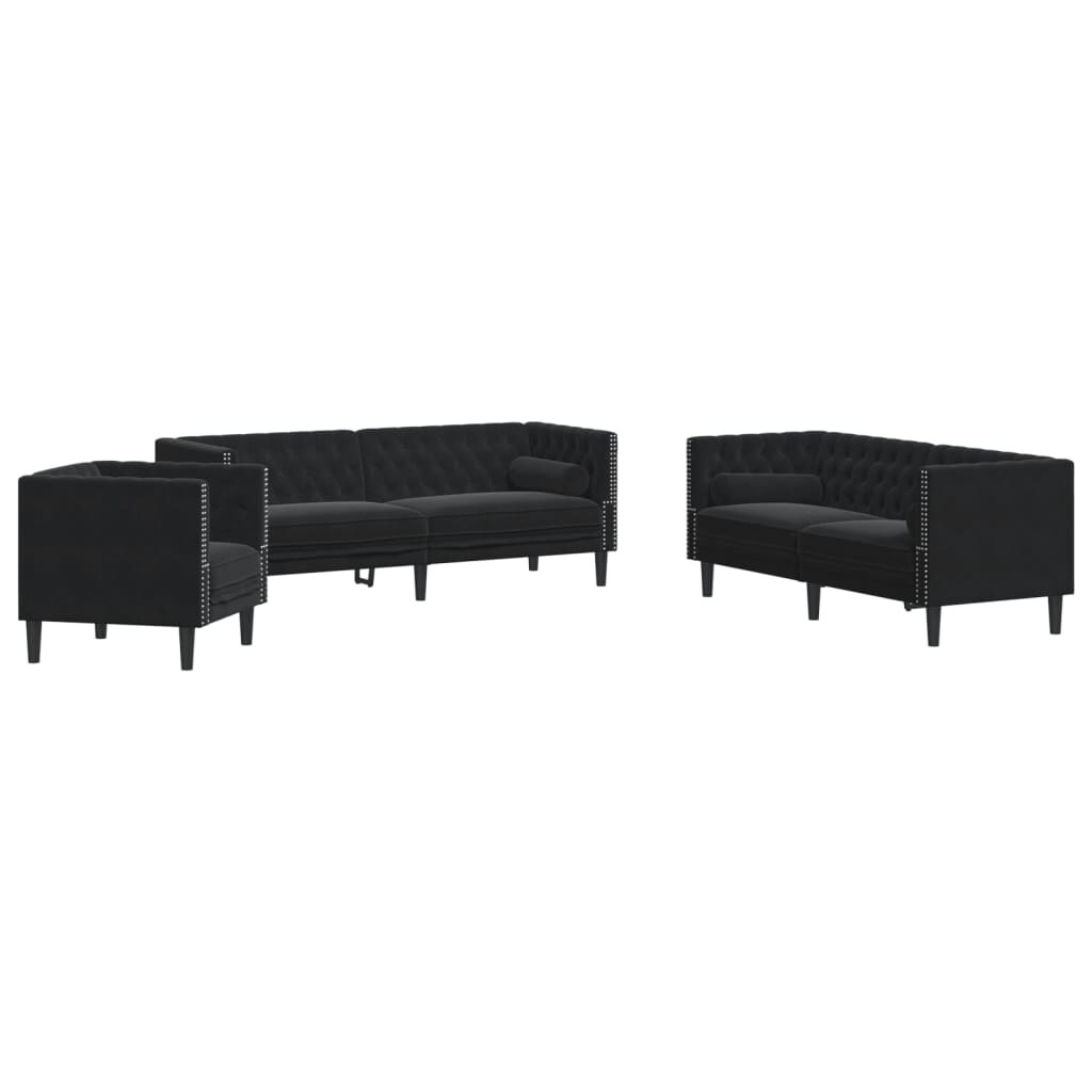 vidaXL 3-tlg. Chesterfield-Sofa-Set mit Nackenrollen Schwarz Samt