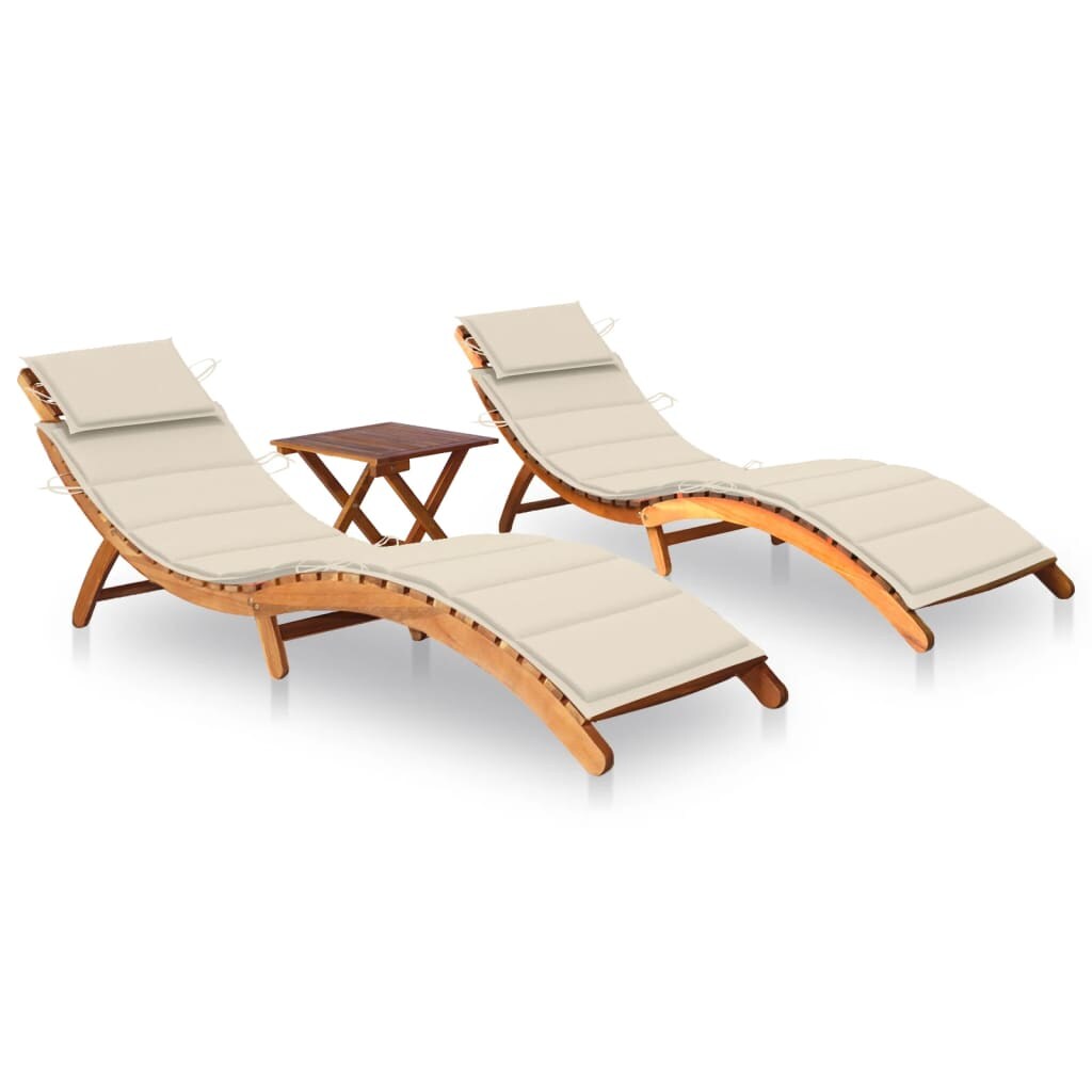 Helloshop26 - 2er-Set Liegestühle Liegestuhl Sonnenbad Gartenbett Terrasse Gartenmöbel mit Tisch und Kissen aus massiver Akazie 02_0012102