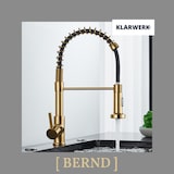 thumbnail of KLARWERK® Bernd | Gastronomie Küchenarmatur Gold gebürstet mit Feder | Edelstahl Wasserhahn Küche | Mischbatterie 360° drehbar |Hochdruck 2 Anschlüsse