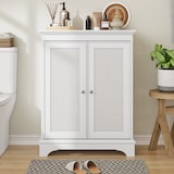 thumbnail of Badezimmerschrank freistehend 86x67x30 cm mit Rattantür und verstellbarem Einlegeboden, Stauraumschrank MDF Weiß für Bad Küche Wohnzimmer
