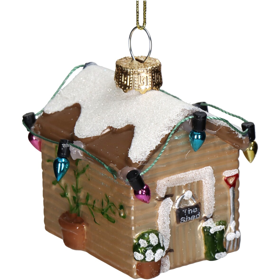Christbaumschmuck Glas 5,9cm Winterhütte Figur Handbemalt & mit Glitzer Weihnachtsbaum Anhänger Weihnachten Weihnachtsbaumschmuck Dorf Hütte Hellbraun
