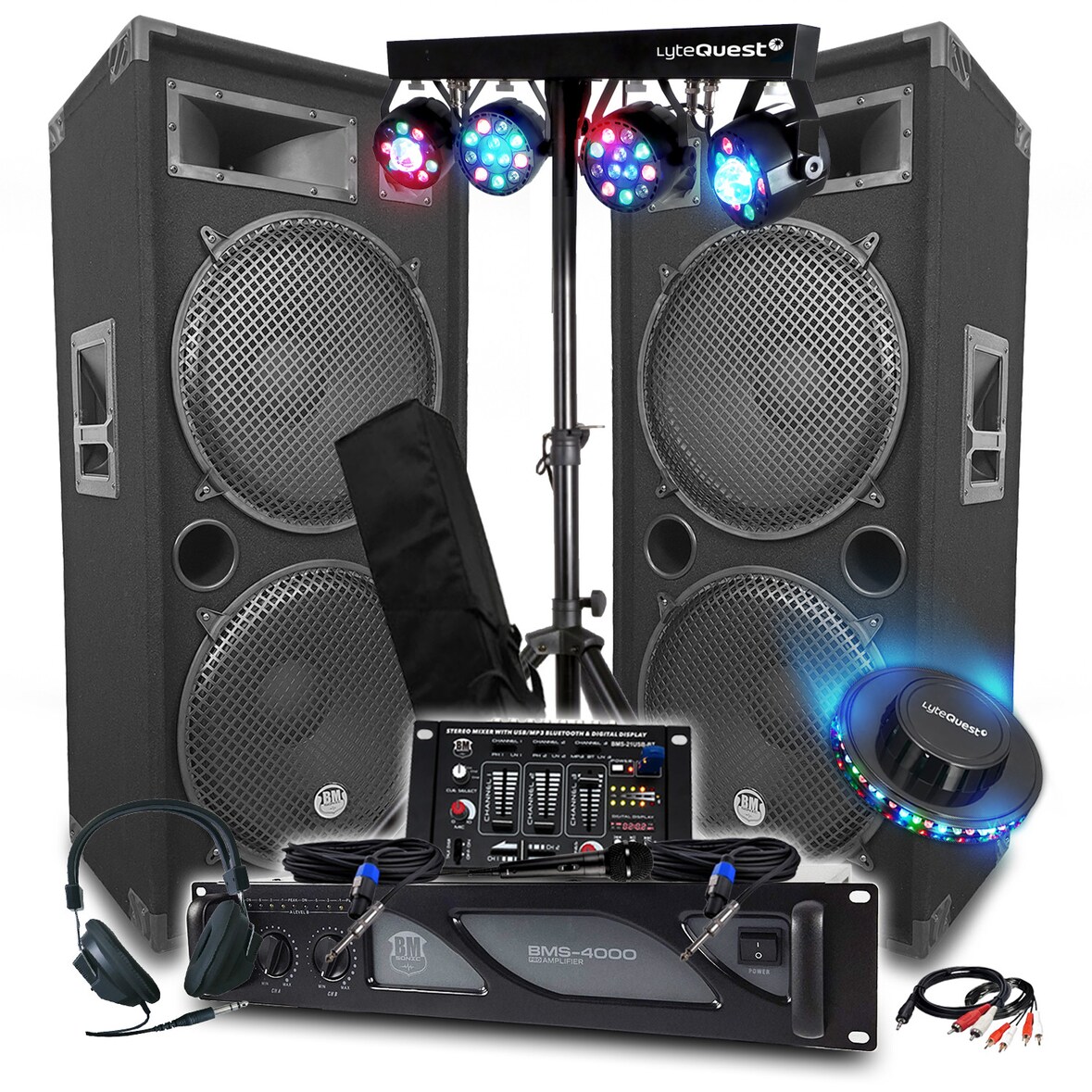 Pack Sono DJ Ampli 4000W, 2 MEGA ENCEINTES 4x38cm de 2x2000W, Table de Mixage Bluetooth, Portiques 8 Lumières LED, CLUB BAR