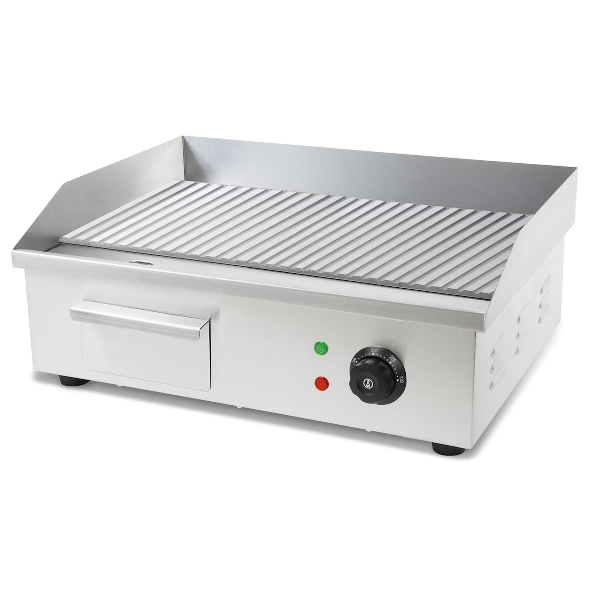 VERTES Plancha profesional de 3000 W en acero inoxidable superficie de grill ranurada de 55 x 35 cm, termostato, temperatura de 50 a 300 °C