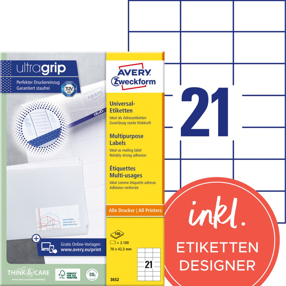 Avery Zweckform 3652 Universal-Etiketten, A4 mit ultragrip, Adressaufkleber, 70 x 42,3 mm, 100 Bogen/2.100 Etiketten, weiß