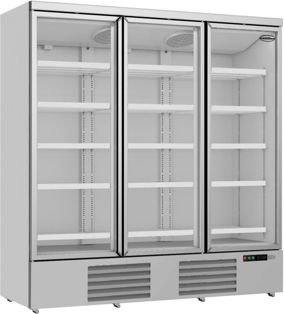 Kühlschrank RHINO auf Rollen | 3x Glastür + LED | 1530 Liter, HxBxT 199,7x188x71cm | 0/+10°C | Grau | + CHEFGASTRO Geschirrtuch