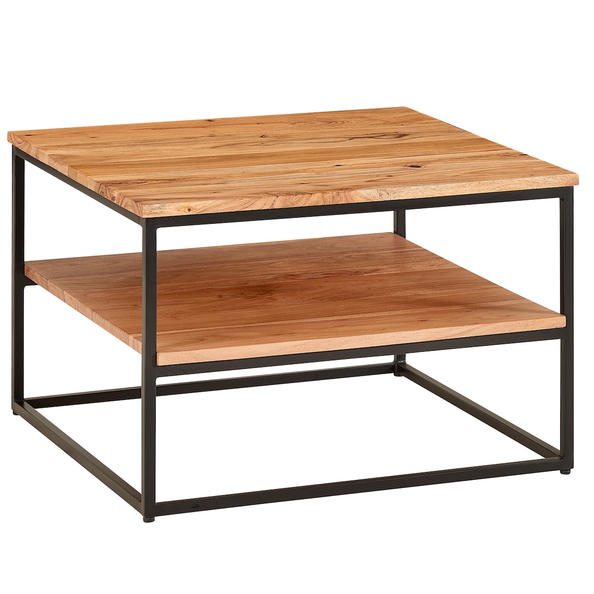 Industrial Couchtisch aus Akazienholz und Metallbeinen, Platzsparendes Design, Handgefertigt, 2 Ablageflächen. 60x60x41 cm | Kadima Design