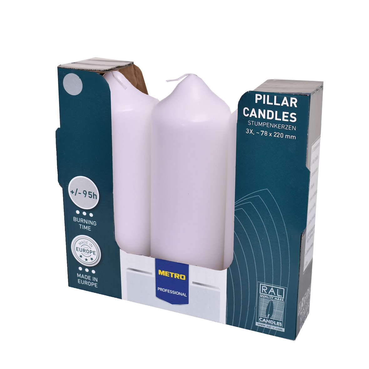 METRO PROFESSIONAL Candele a colonna, paraffina, Ø 7.8 x 22 cm, 95 ore di combustione, bianco, 3 unità