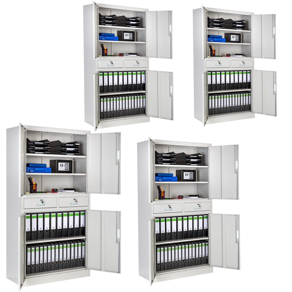 tectake 4 armarios archivadores con cierre de seguridad, 5 alturas + 2 cajones 180x90x40cm  Gris