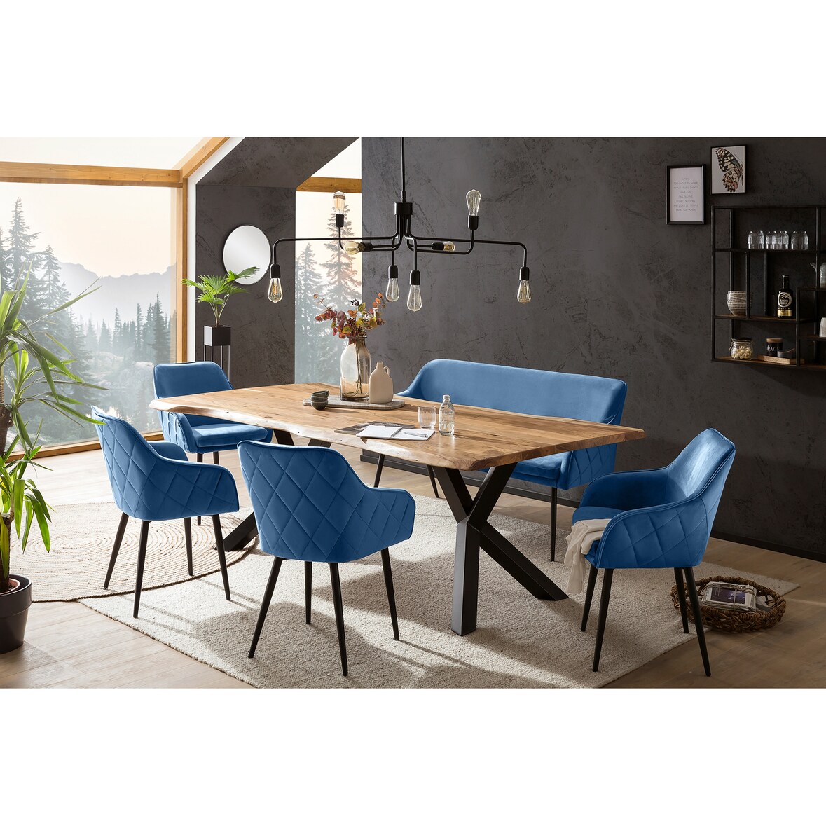 SalesFever 6-tlg. Akazie-Essgruppe 220x110 cm | Platte 35 mm Akazie | Metallgestelle | 4 Stühle & 1 Bank in Samt-Optik | natur – schwarz – blau