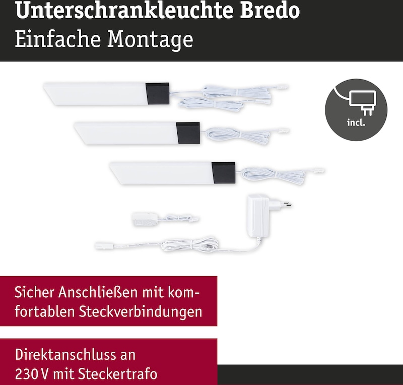 Drei weiße LED-Leuchten mit Netzteil und Kabeln.