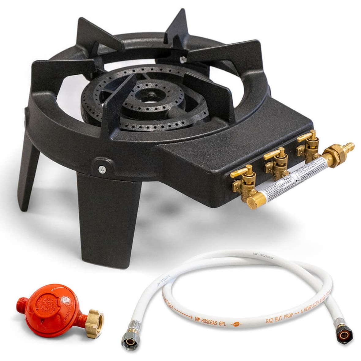 Echt gietijzeren gasfornuis 9,8 KW 4 poten 2 branders + 1,50m inschroefbare gaspijp + TRIGLAV propaanregelaar