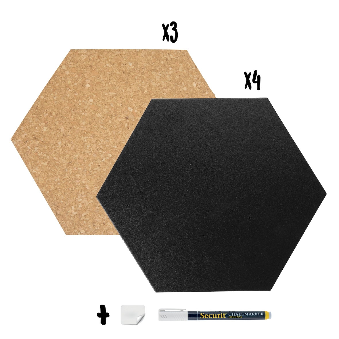 Securit® Conjunto de 7 Quadros de ardósia e painéis murais de cortiça – Hexágono – Marcador de giz e fixação incluídos