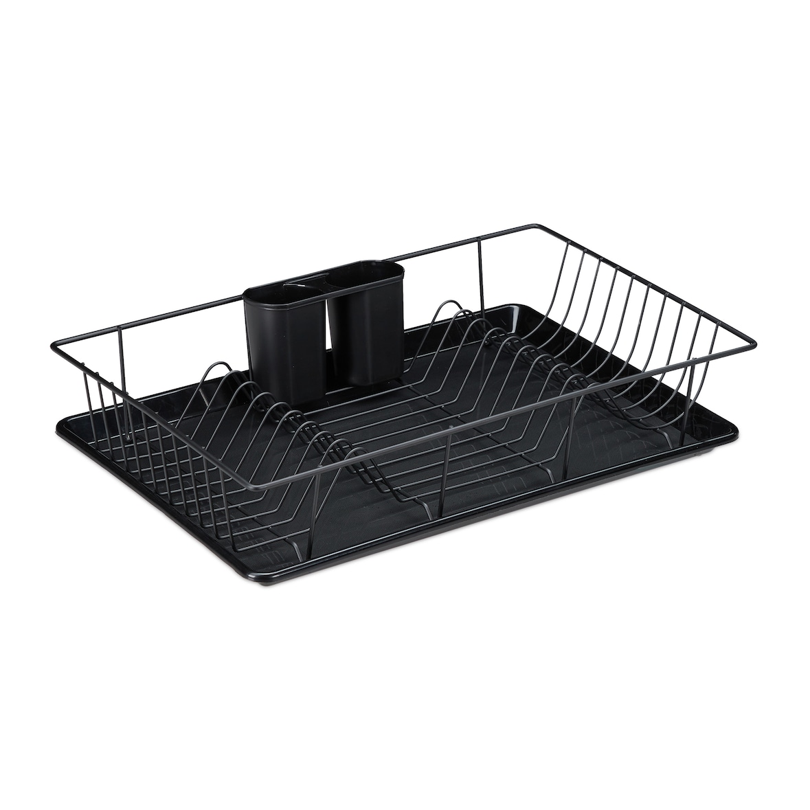 Relaxdays Abtropfgestell, Besteckkorb & Abtropfschale, Geschirrständer Küche, Abtropfgitter, Kunststoff, Metall, schwarz