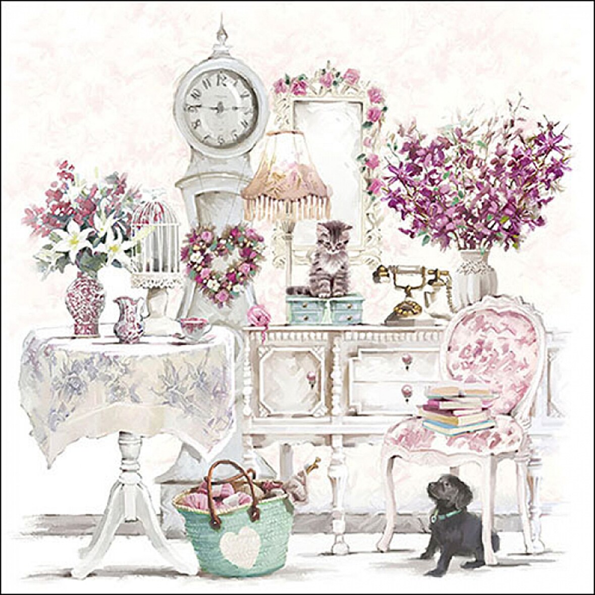 20 Servietten Papier 33x33cm 3-lagig - hochwertige Einweg Papierservietten Retro Motiv Blumen Hund Katze Partyservietten Vintage Tischdeko romantisch