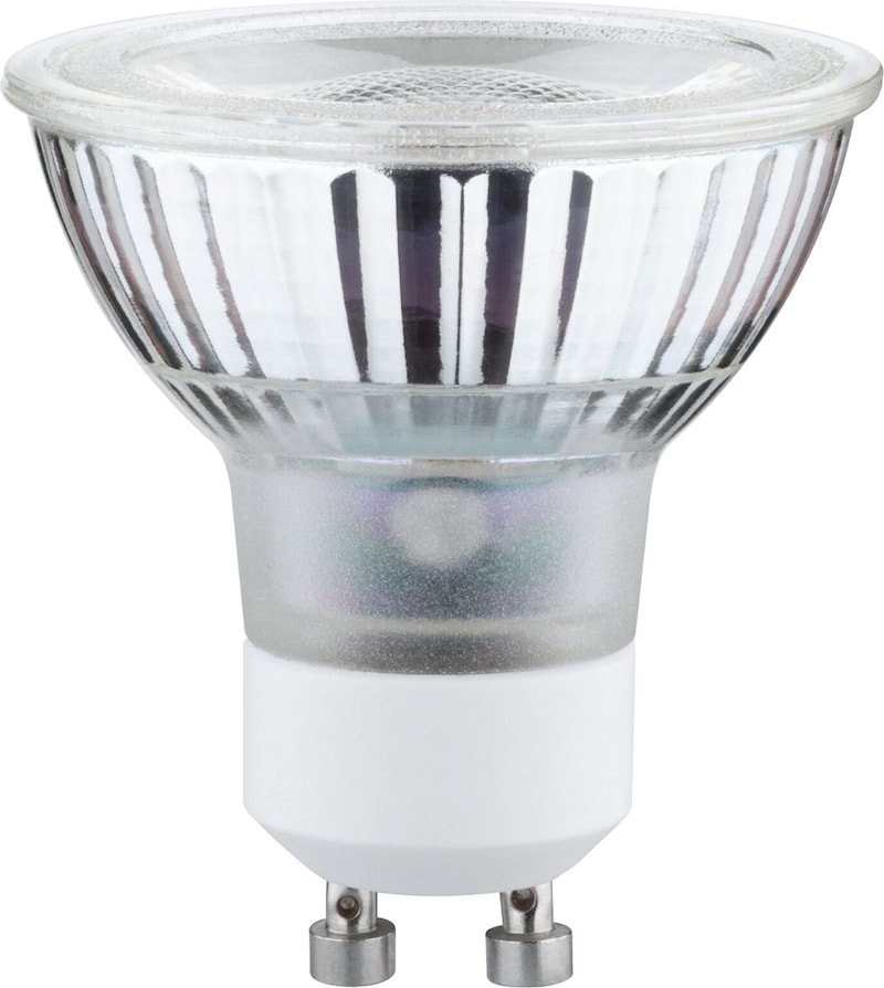 Eine GU10-Glühbirne mit klarem Glas und Metallbasis.