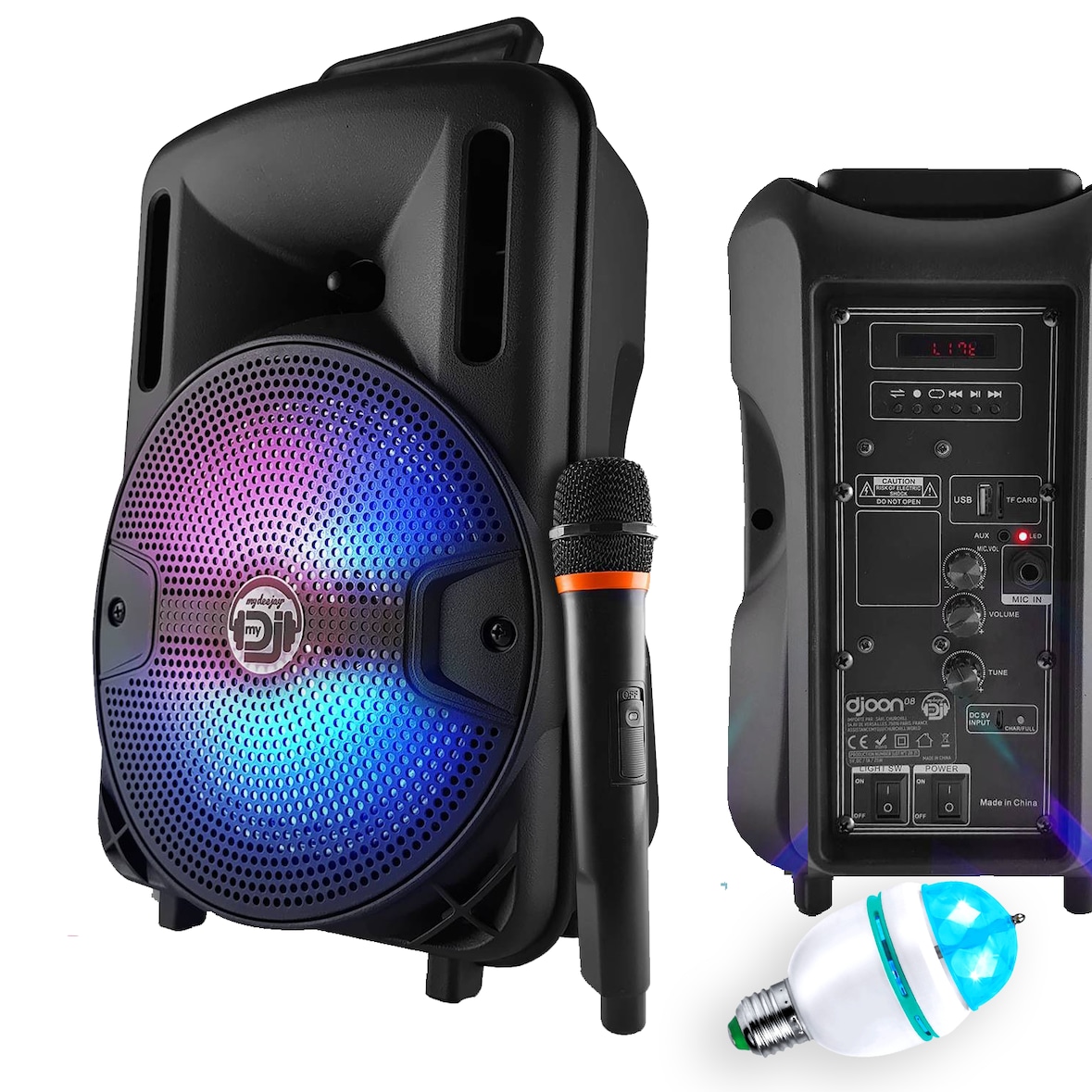 Enceinte Karaoké Mobile Party Dj Sono PA Batterie 8" 400W à LEDs RVB USB/SD/BT + Micro VHF MyDJ Djoon08 + Ampoule DIAMS