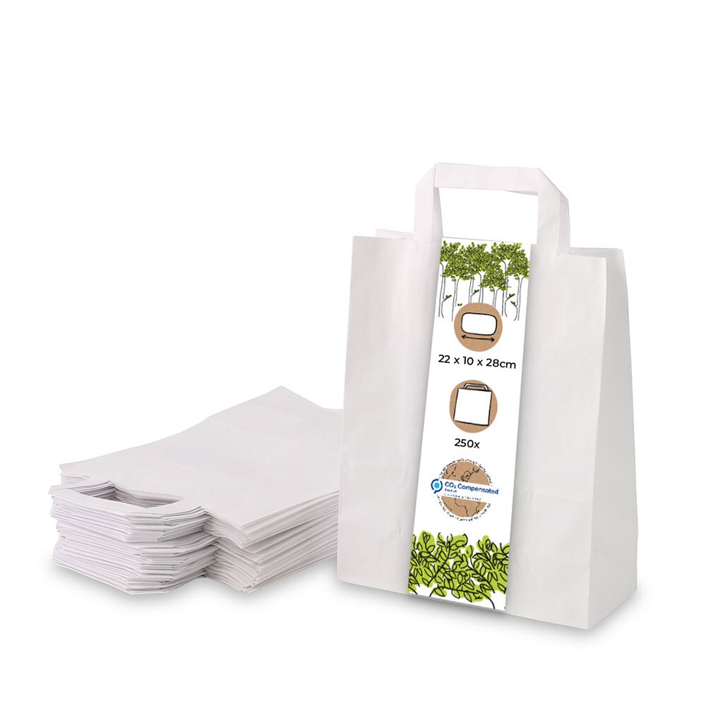 BIOZOYG 250 Stück Tragetasche M 22 x 10 x 28cm Papiertüte reißfest weiß kompostierbar Einkaufstasche Papiertasche Einkaufstüte umweltfreundlich