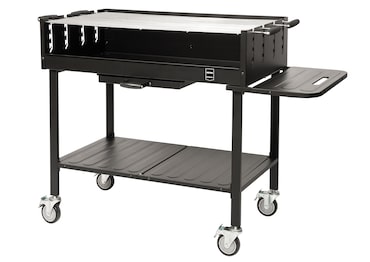 METRO PROFESSIONAL Barbacoa de carbón con ruedas, 137 x 68 x 94 cm, funda protectora y mesa lateral, acero/acero inoxidable, negro