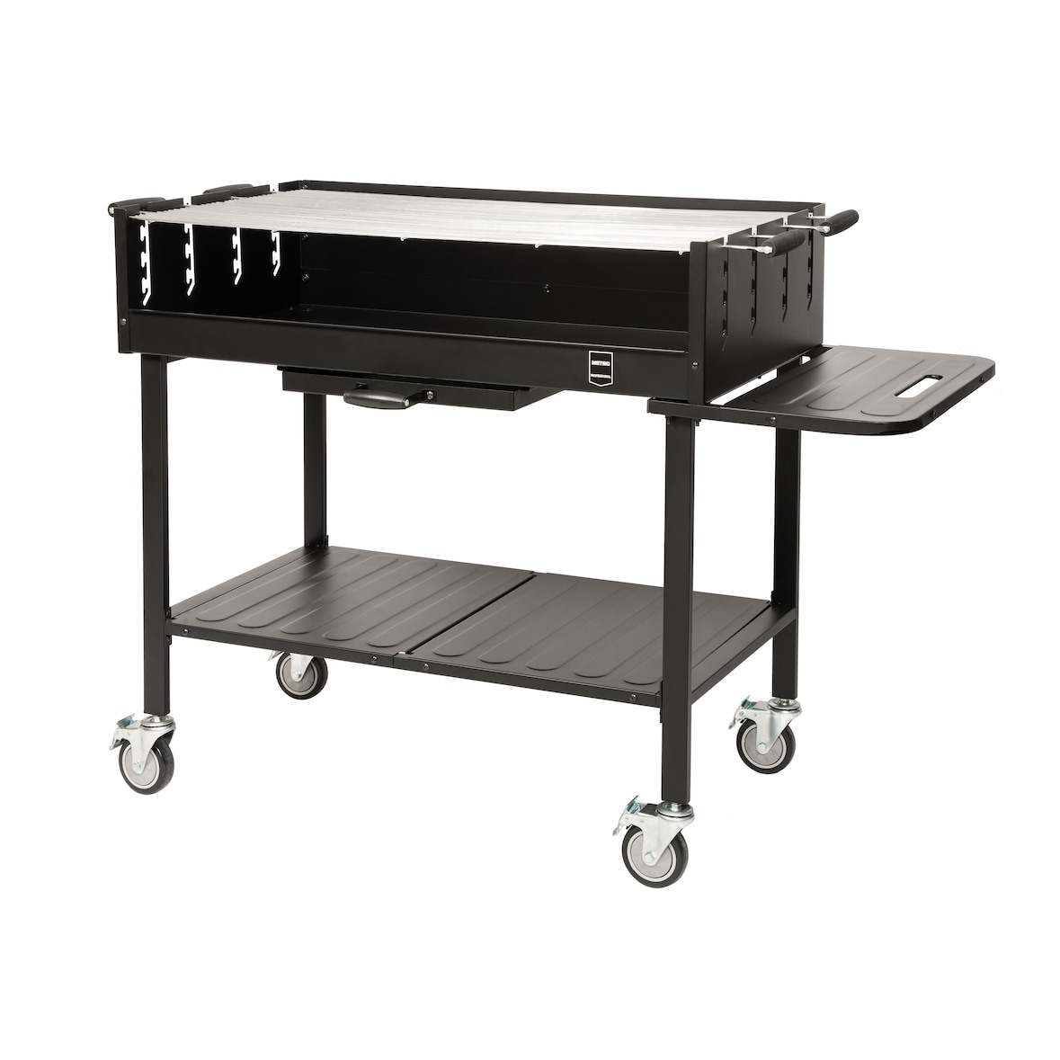 METRO PROFESSIONAL Barbacoa de carbón con ruedas, 137 x 68 x 94 cm, funda protectora y mesa lateral, acero/acero inoxidable, negro