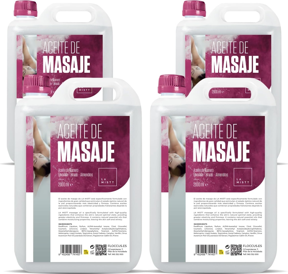 Süßmandel-, Rosmarin-, Lavendel-, Fenchel- und Rosmarinöl 4 x 2 Liter | Professionelles Massageöl | Körperöl