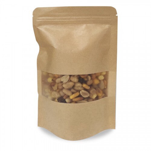 Bolsa de papel plastificado Doypack Kraft, con ventana 20x30x10 cm. Paquete 100 Uds.