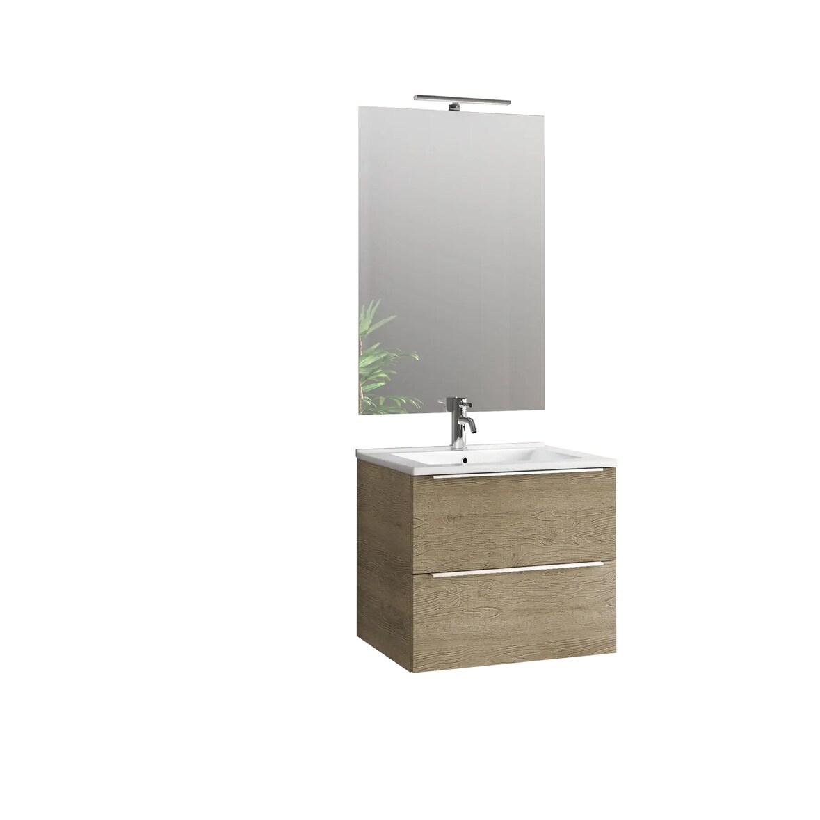 Mobile Bagno 60cm Sospeso Con 2 Cassetti e Specchio con Lampada LED - Rovere Miele