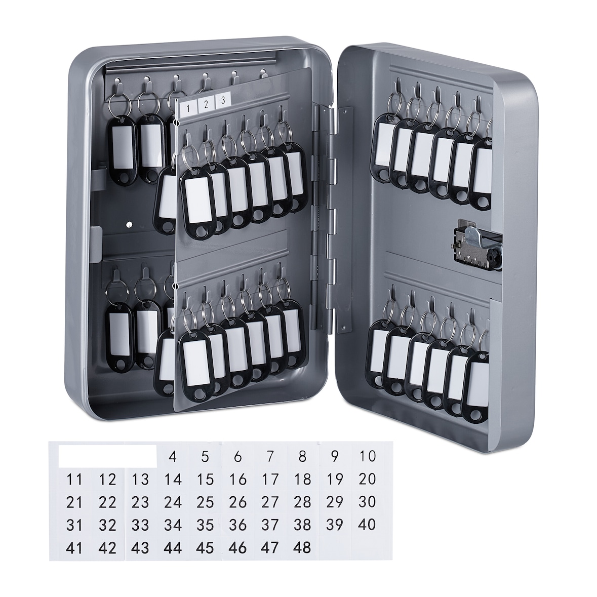 Relaxdays Schlüsselkasten, Zahlenschloss, 48 Haken, mit Schlüsselanhängern, HBT: 25 x 18 x 7,5 cm, Schlüsselbox, grau