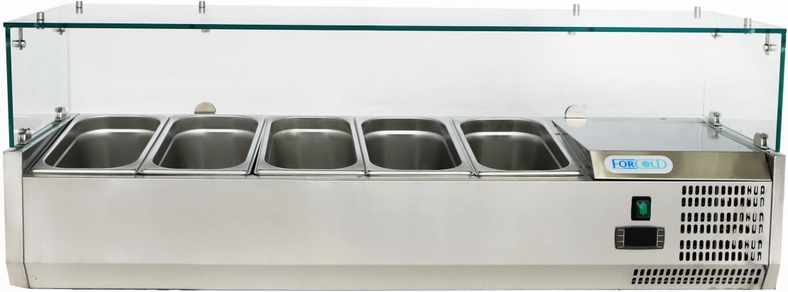 Gekühlte Vitrine mit Glas. Fassungsvermögen 5xGN1/4. Abmessungen (BxTxH) 120x33x43,5 cm. ForCold von FIMAR Modell G-VRX1200-330