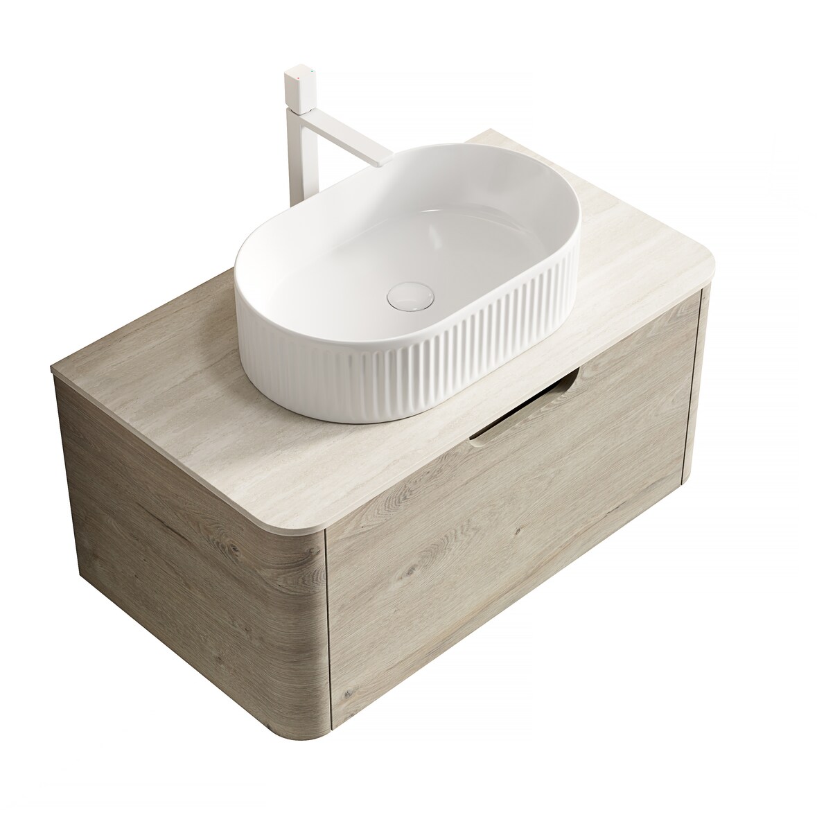 Badezimmer-Waschtisch 50×80×46 cm mit ovalem Waschbecken aus Keramik und Travertin-Sintersteinplatte, Eiche Beige+Off White+Weiß