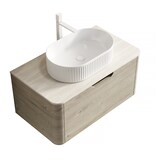 thumbnail of Badezimmer-Waschtisch 50×80×46 cm mit ovalem Waschbecken aus Keramik und Travertin-Sintersteinplatte, Eiche Beige+Off White+Weiß