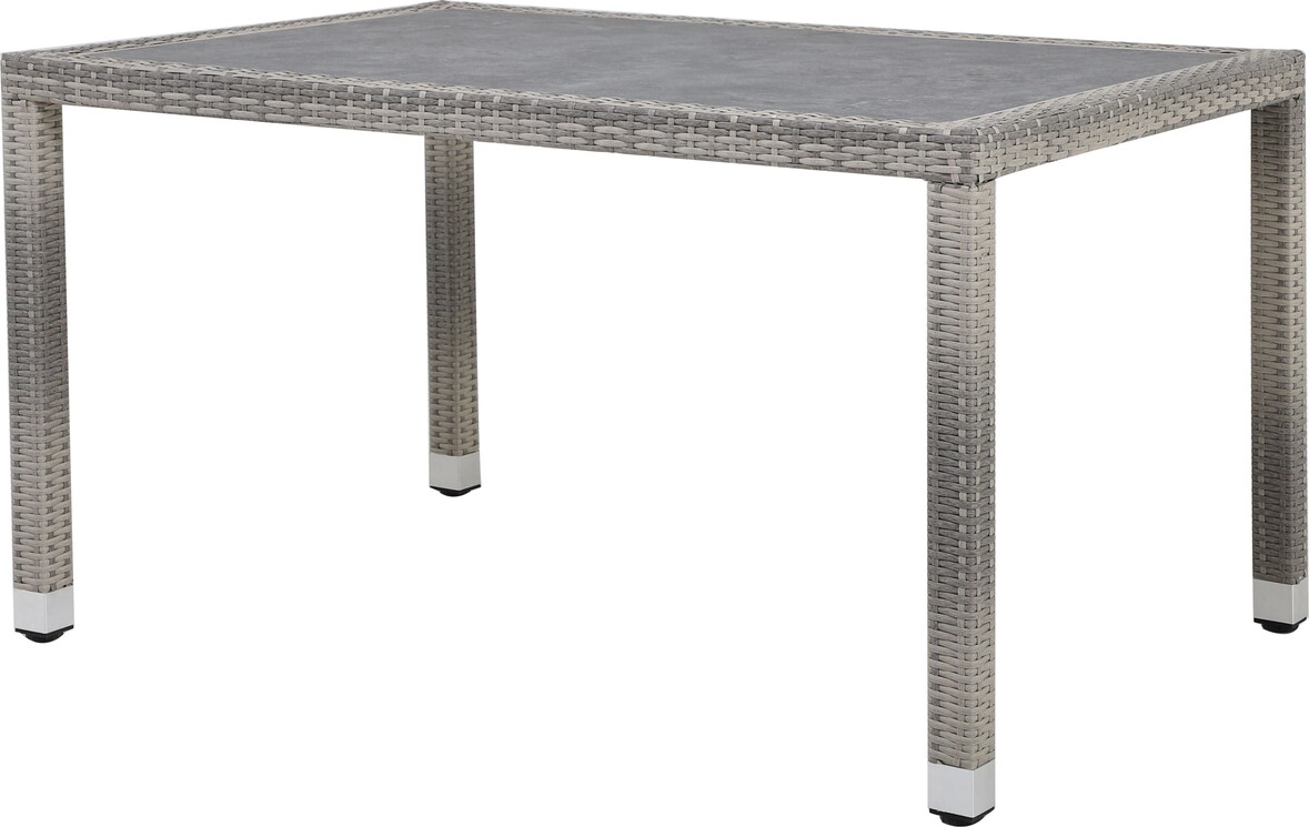 METRO Professional Mesa de comedor gastro Barbados, aluminio / ratán PE/ Tablero DPC, 130 x 90 x 74 cm, resistente a la intemperie, piedra