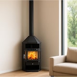 thumbnail of Estufa de leña de esquina LINAM 10.6 kW, diseño angular, calienta hasta 170 m³, alto rendimiento 80%