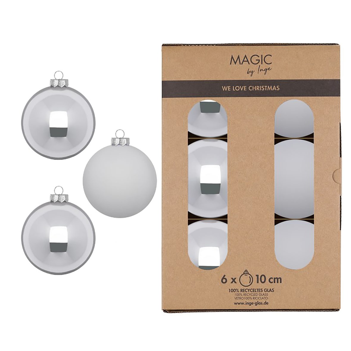 6 Weihnachtskugeln Glas 10cm matt & glänzend Christbaumkugeln Weihnachtsbaumkugeln Groß Christbaumschmuck Weihnachtsbaumschmuck Deko Silber Hellgrau