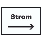 thumbnail of Strom Schild mit Text und Richtungspfeil rechts Anschluss waagerecht A5 Rückseite selbstklebend