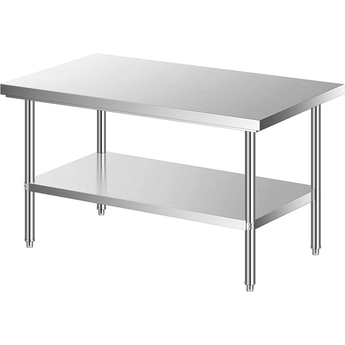 LEEVOT Tavolo da Cucina Professionale in Acciaio Inox, 2 Ripiani in Legno e Acciaio, Capacità di Carico 150KG/100KG (150x80cm)