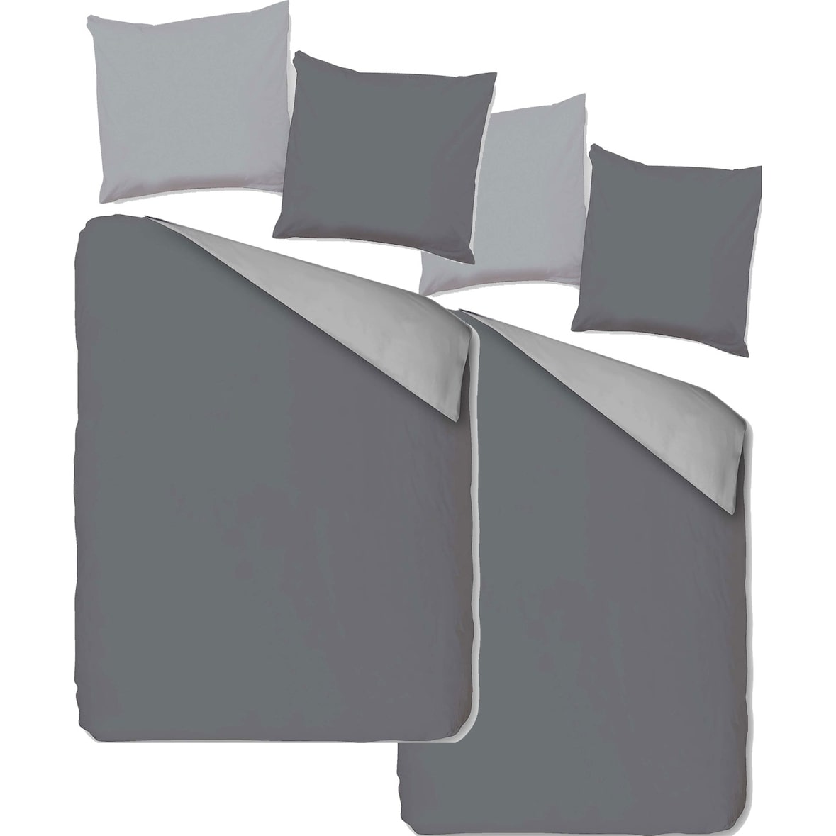 4-TLG. Wende Bettwäsche 135x200 + 80x80cm, grau Silber, Uni/einfarbig Microfaser, Reißverschluß
